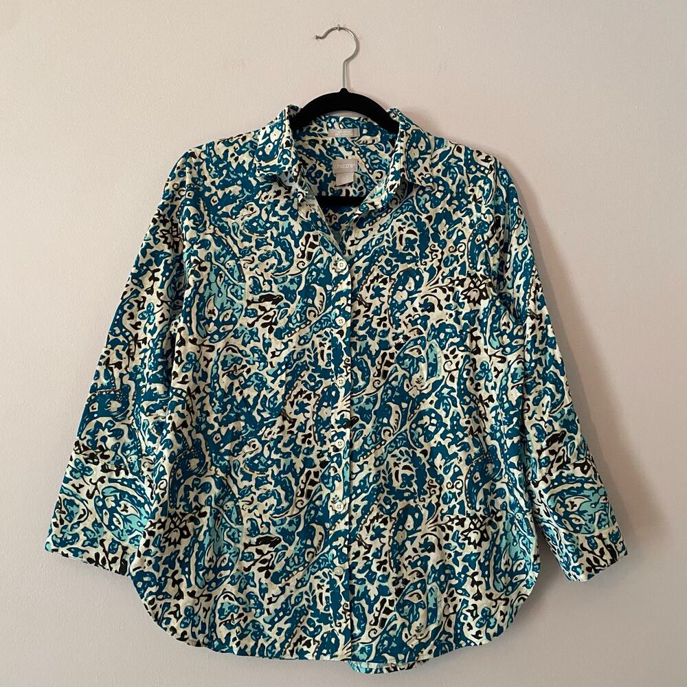 Chico's Blue White Abstract Print No-Iron Button Down Shirt Women's 0.5 / Small